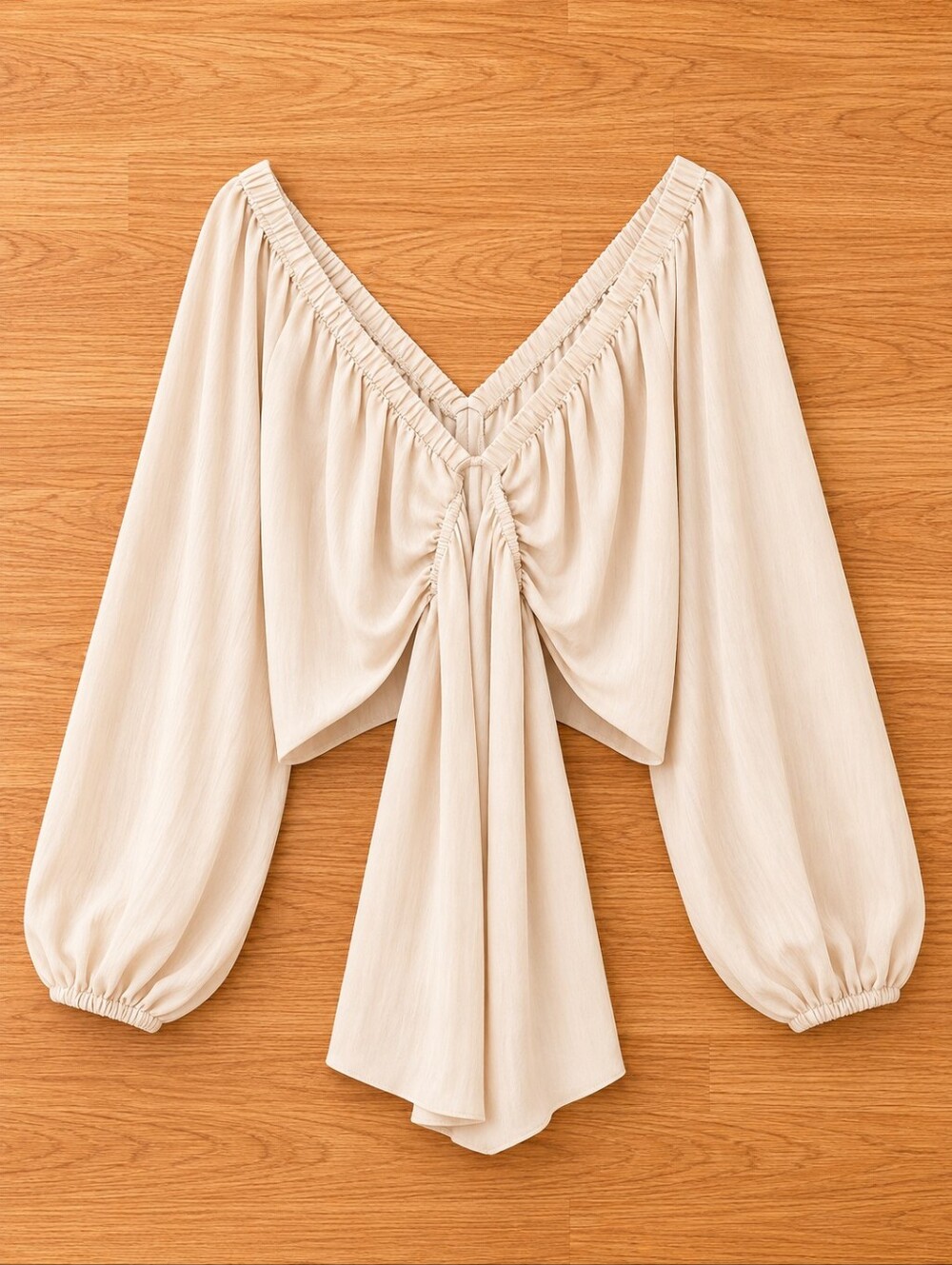 Light Beige V-Neck Balloon Sleeve Dress